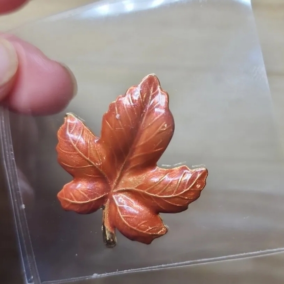 Vintage Hand Painted Enamel on Gold Tone Maple Leaf Brooch Pin Marked “KC” - Picture 2 of 4